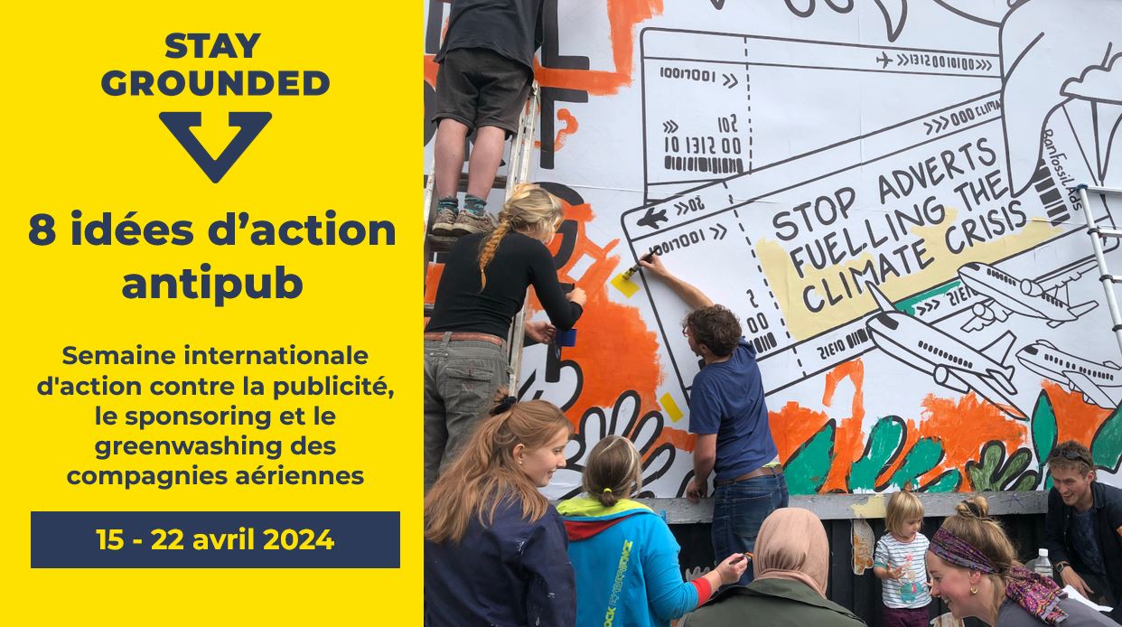 Reproduction d'une image de la semaine d’action de 2023 contre la publicité des compagnies aériennes et texte sur le webinaire à venir